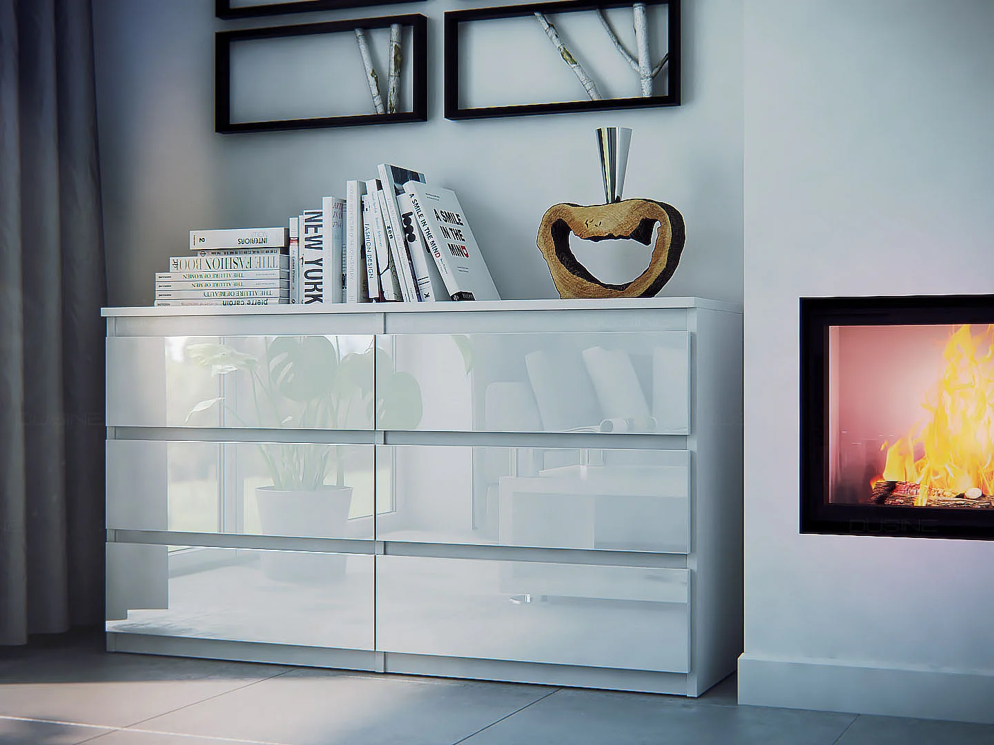 Buffet bahut Tazma 140 cm Caisson MAT 18 mm avec 6 Tiroirs Blanc LAQUE