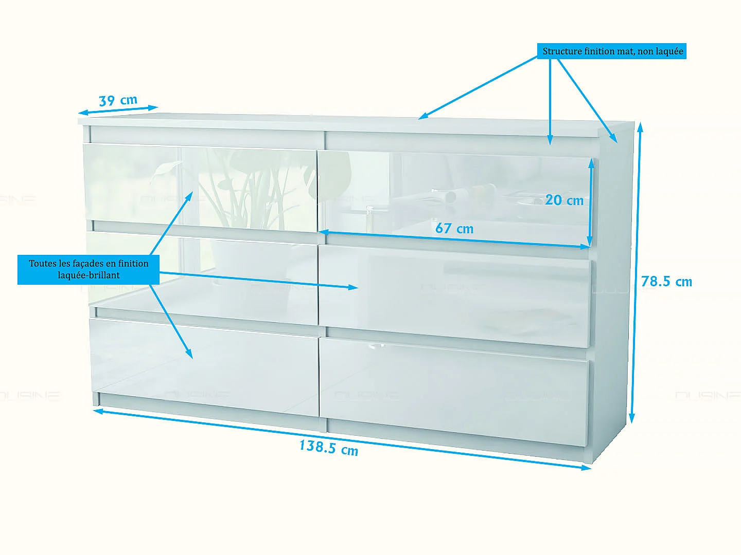 Buffet bahut Tazma 140 cm Caisson MAT 18 mm avec 6 Tiroirs Blanc LAQUE
