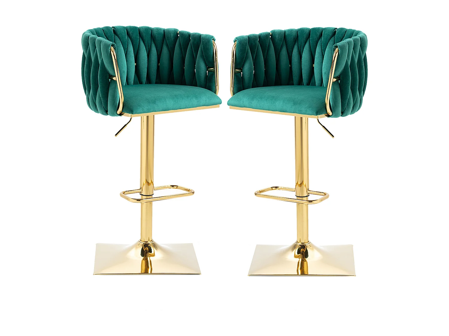 Set di 2 sgabelli da bar, girevoli, regolabili in altezza con schienale e poggiapiedi, base in metallo, 53x51x83-105 cm, verde