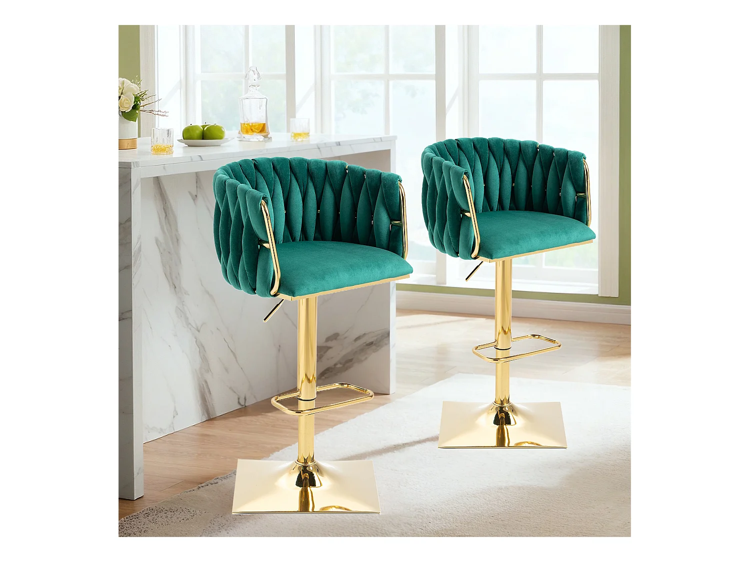 Lot de 2 tabourets de bar, pivotante,  réglable en hauteur avec dossier et repose-pieds, pied en metal, 53x51x83-105cm, vert