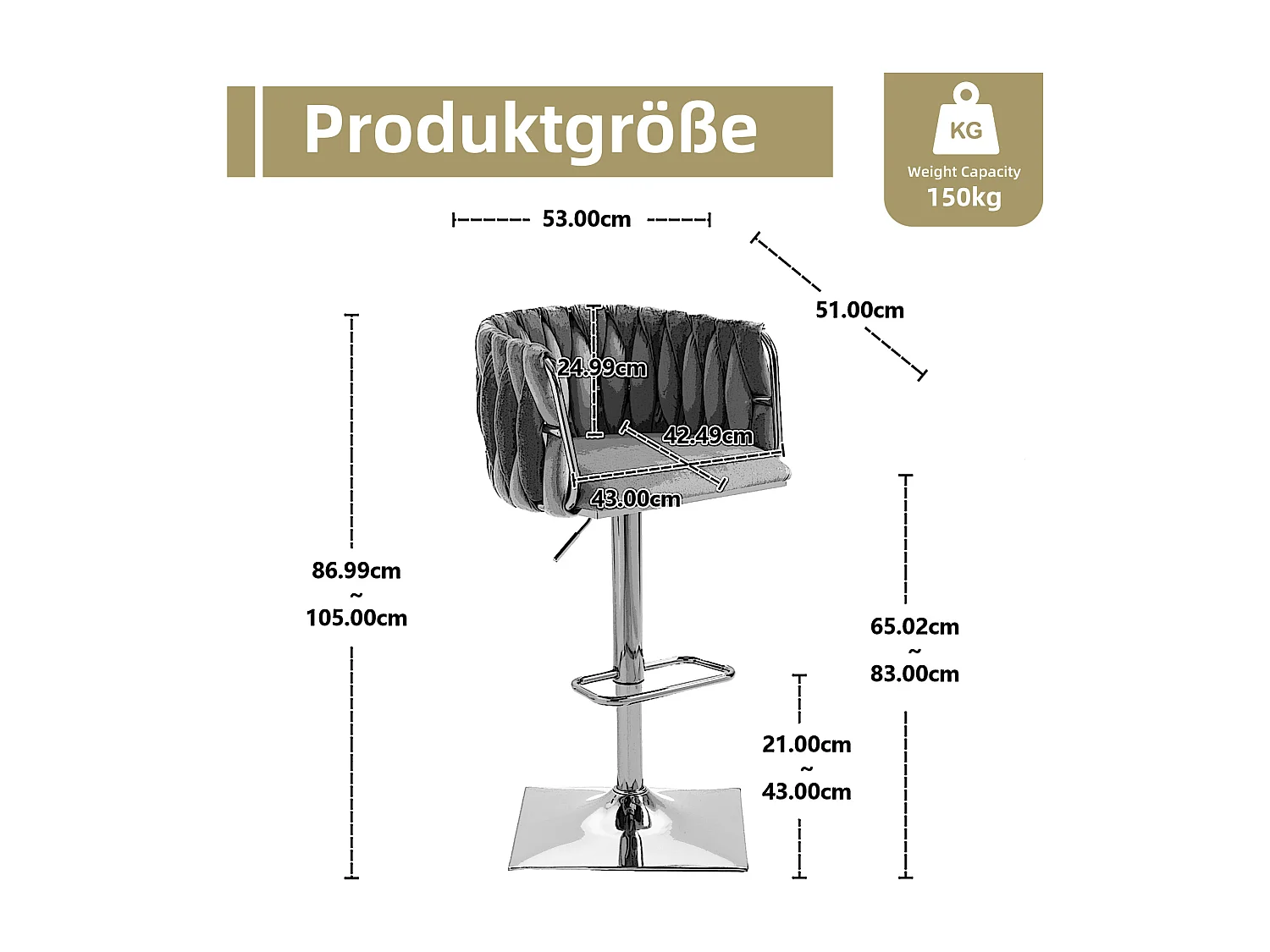 Juego de 2 taburetes de bar, giratorios, regulables en altura con respaldo y reposapiés, patas de metal, 53x51x83-105cm, negro