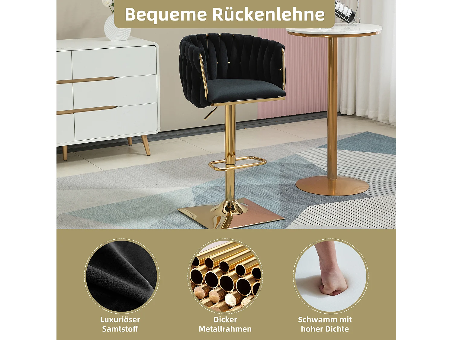 Juego de 2 taburetes de bar, giratorios, regulables en altura con respaldo y reposapiés, patas de metal, 53x51x83-105cm, negro