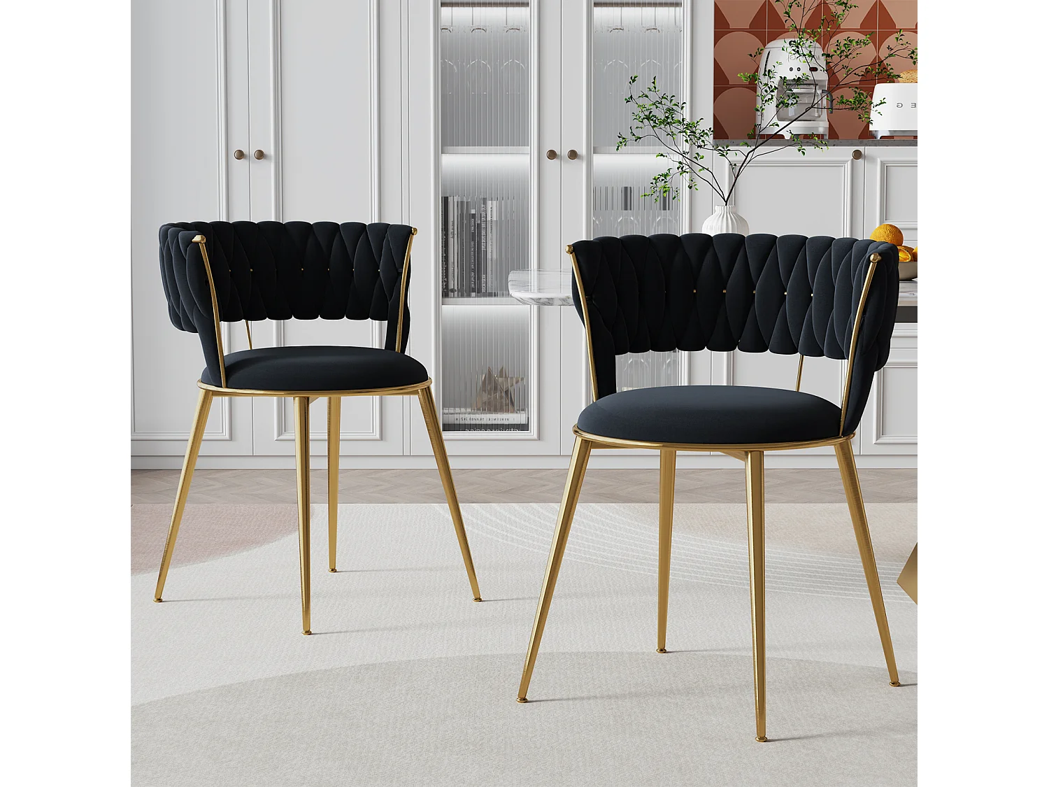 Set mit 2 Esszimmerstühlen 22,44 x 21,65 x 27,56 Zoll – Loungesessel mit Samtakzent und schwarzen Metallbeinen