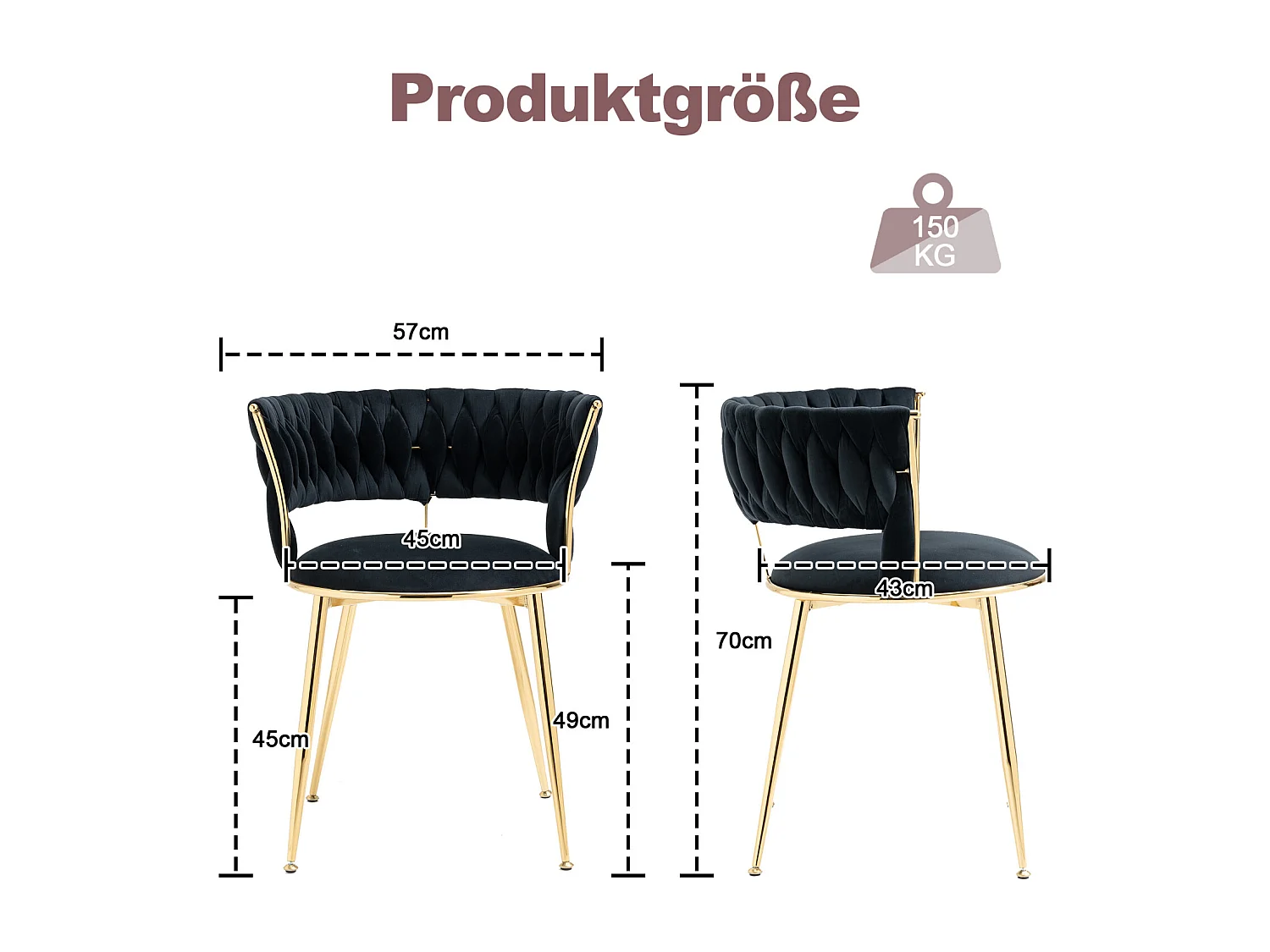 Set mit 2 Esszimmerstühlen 22,44 x 21,65 x 27,56 Zoll – Loungesessel mit Samtakzent und schwarzen Metallbeinen