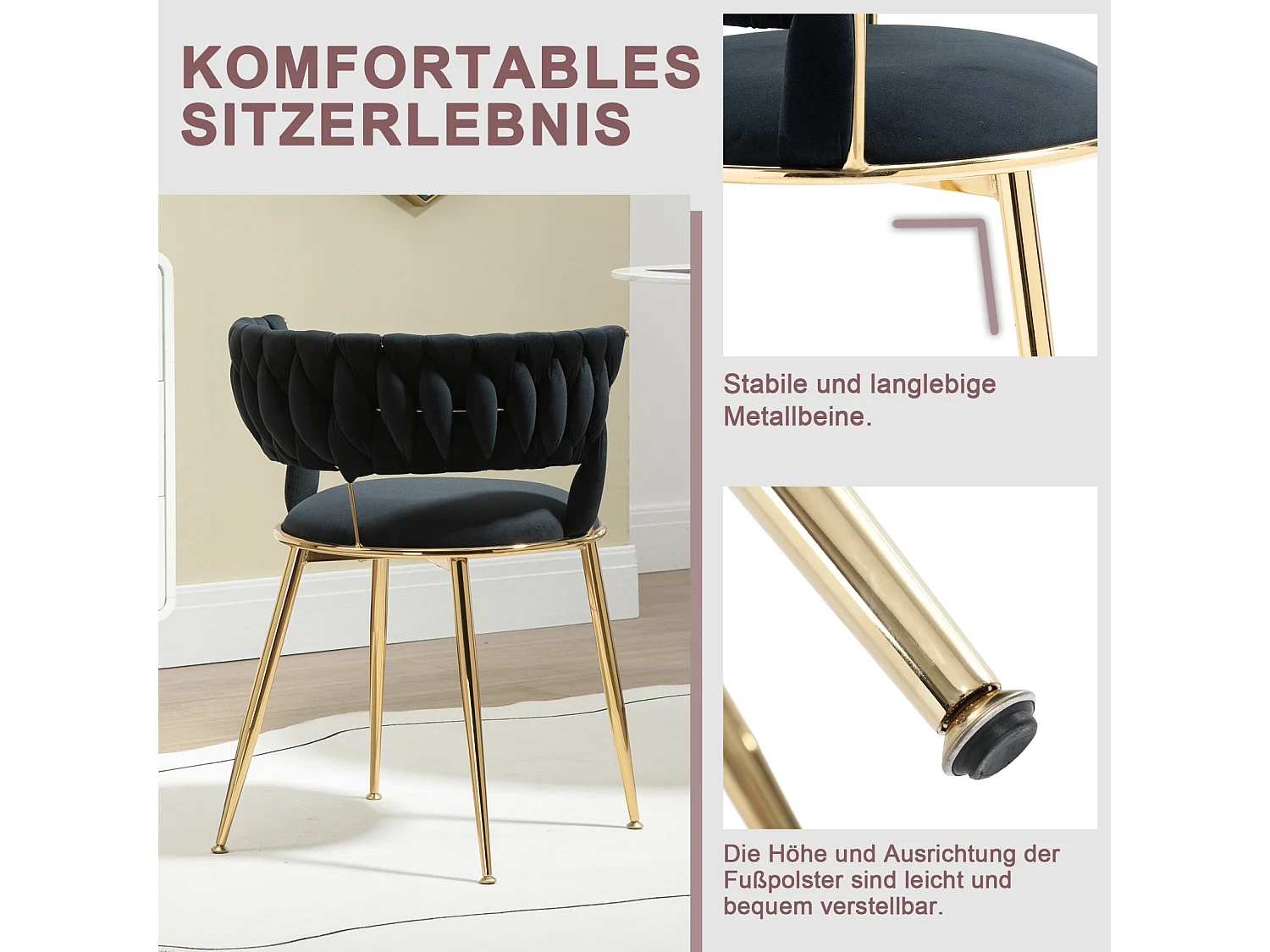 Set mit 2 Esszimmerstühlen 22,44 x 21,65 x 27,56 Zoll – Loungesessel mit Samtakzent und schwarzen Metallbeinen