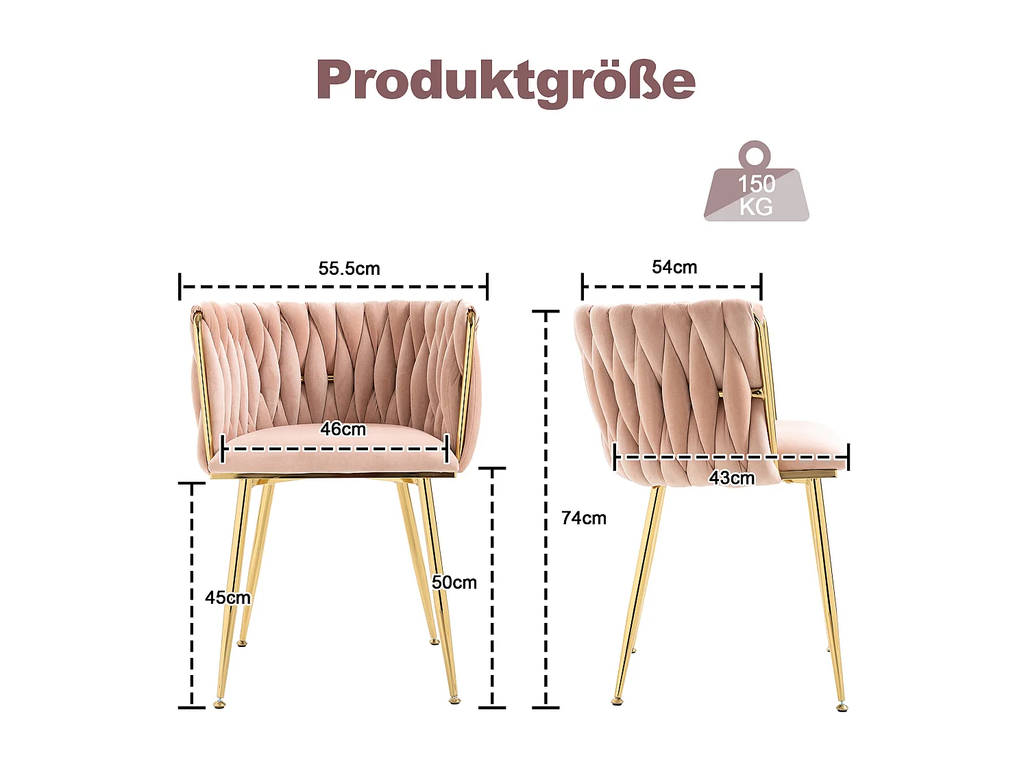 Lot de 2 chaises de salle à manger, chaises de loisirs, chaise d'appoint en velours, avec pieds en métal et en fer, rose