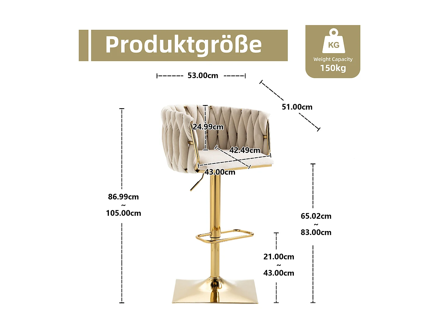 Juego de 2 taburetes de bar, giratorios, regulables en altura con respaldo y reposapiés, base de metal, 53x51x83-105cm, beige