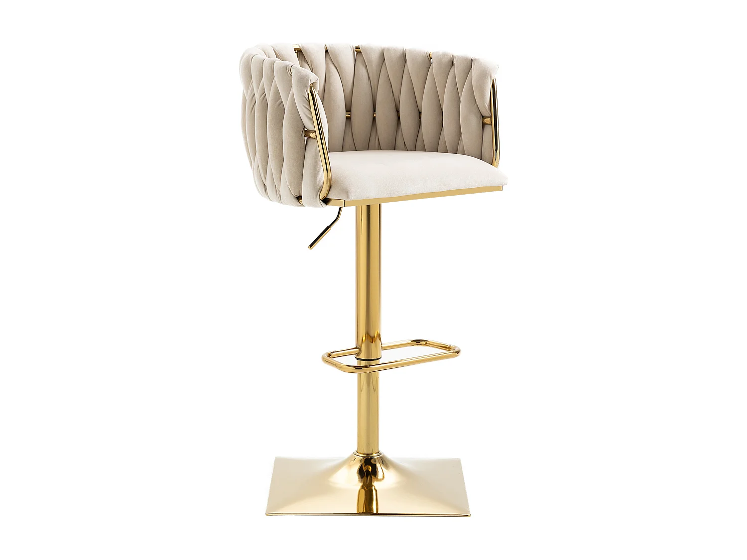 Juego de 2 taburetes de bar, giratorios, regulables en altura con respaldo y reposapiés, base de metal, 53x51x83-105cm, beige