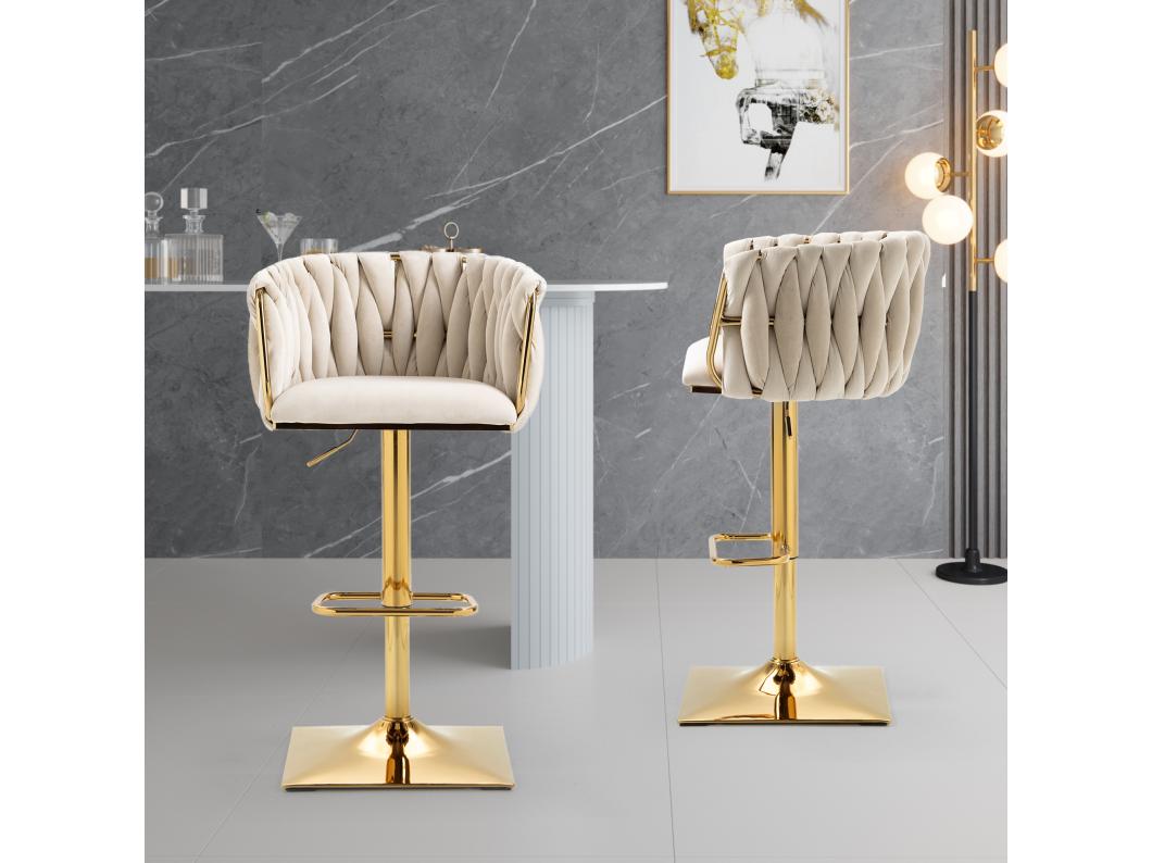 Set van 2 barkrukken, draaibaar, in hoogte verstelbaar met rugleuning en voetenbank, metalen poot, 53x51x83-105cm, beige