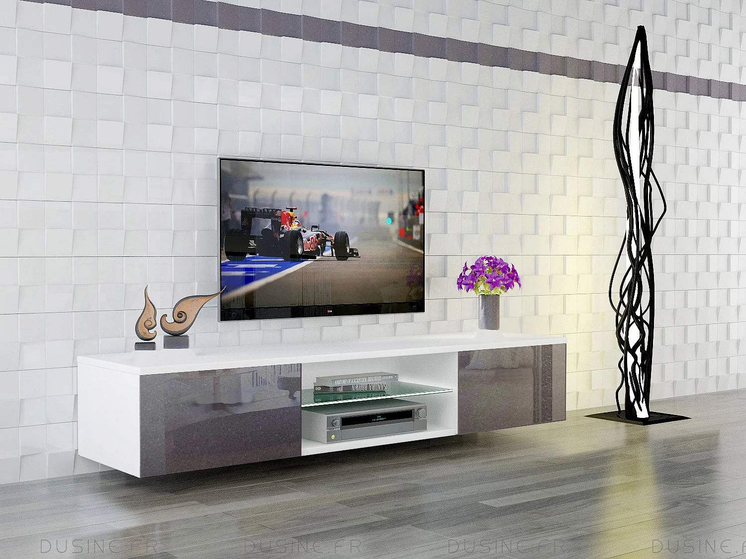 Meuble LED suspendu ou posé TV Giorgio Blanc mat et Gris Laqué 160 cm