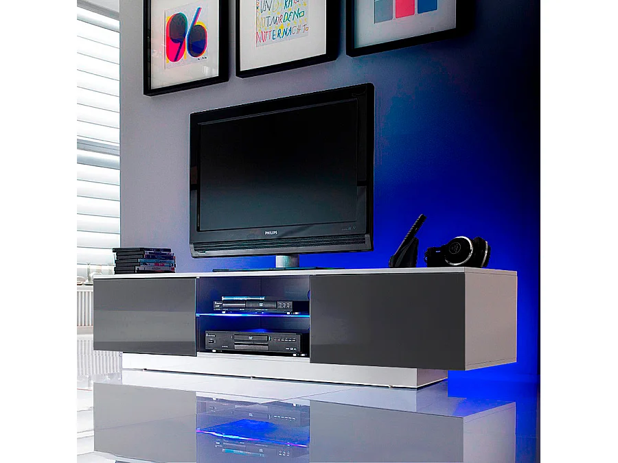 Meuble LED suspendu ou posé TV Giorgio Blanc mat et Gris Laqué 160 cm