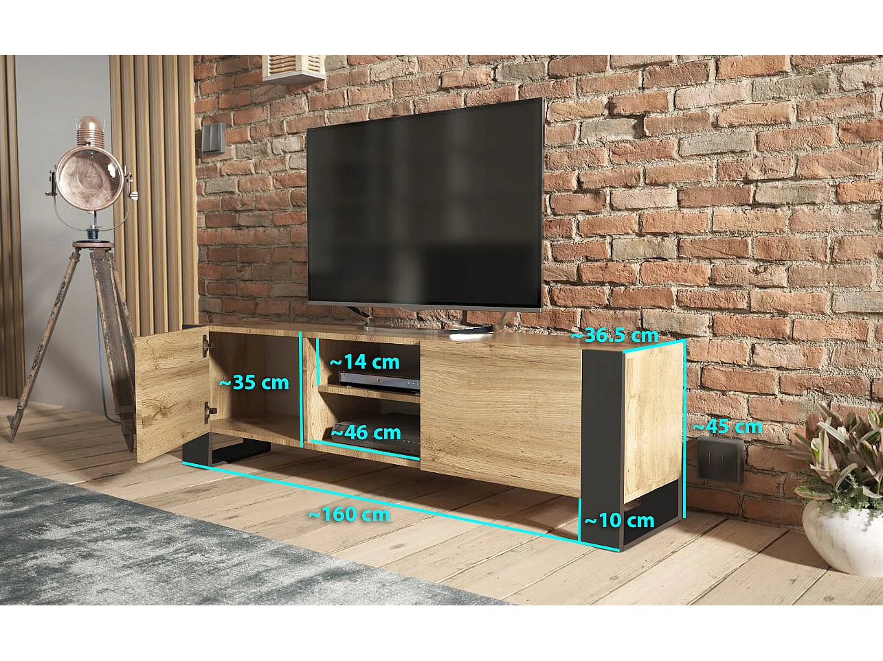 MEUBLE TV 160 CM LOVY CHENE AVEC PIEDS NOIR - STYLE INDUSTRIEL