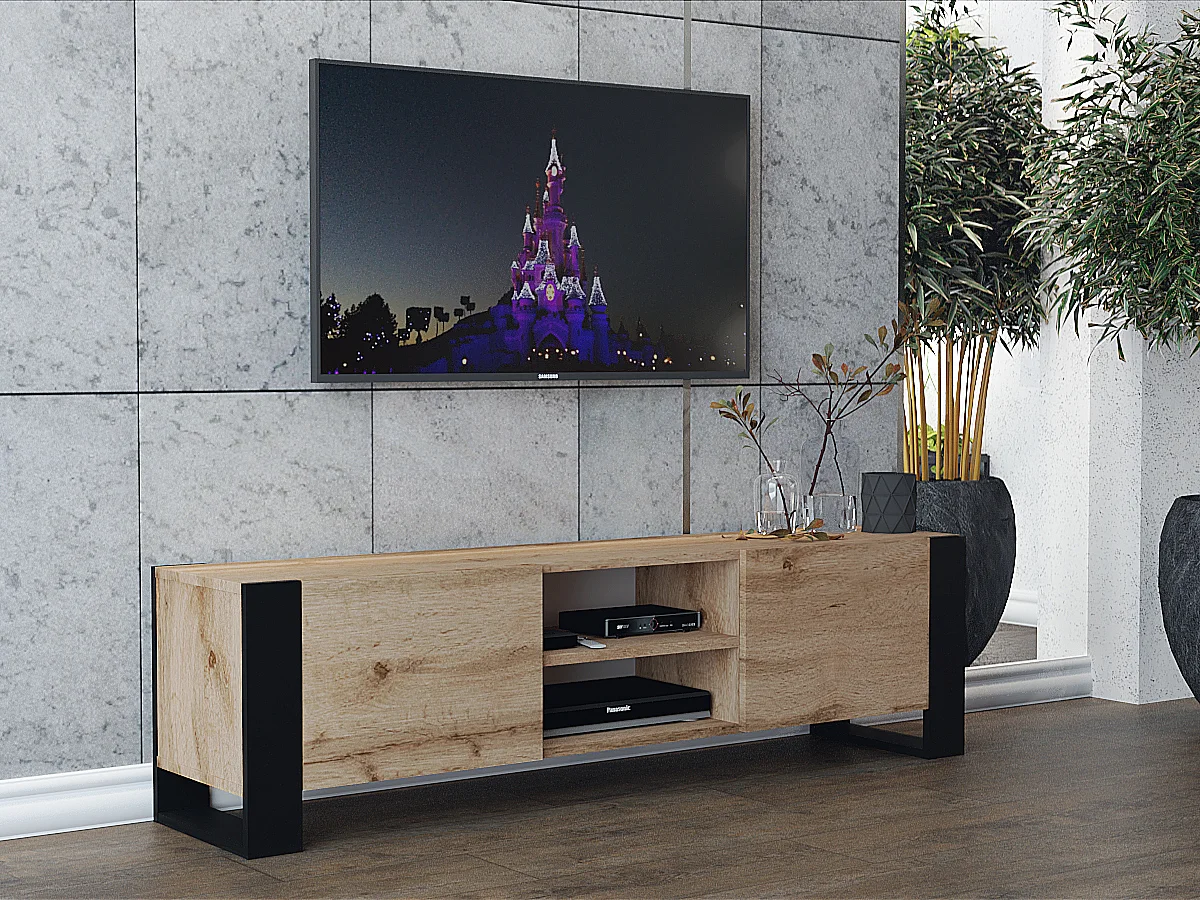 Meuble TV 160 cm Lovy chêne avec pieds noir - style industriel
