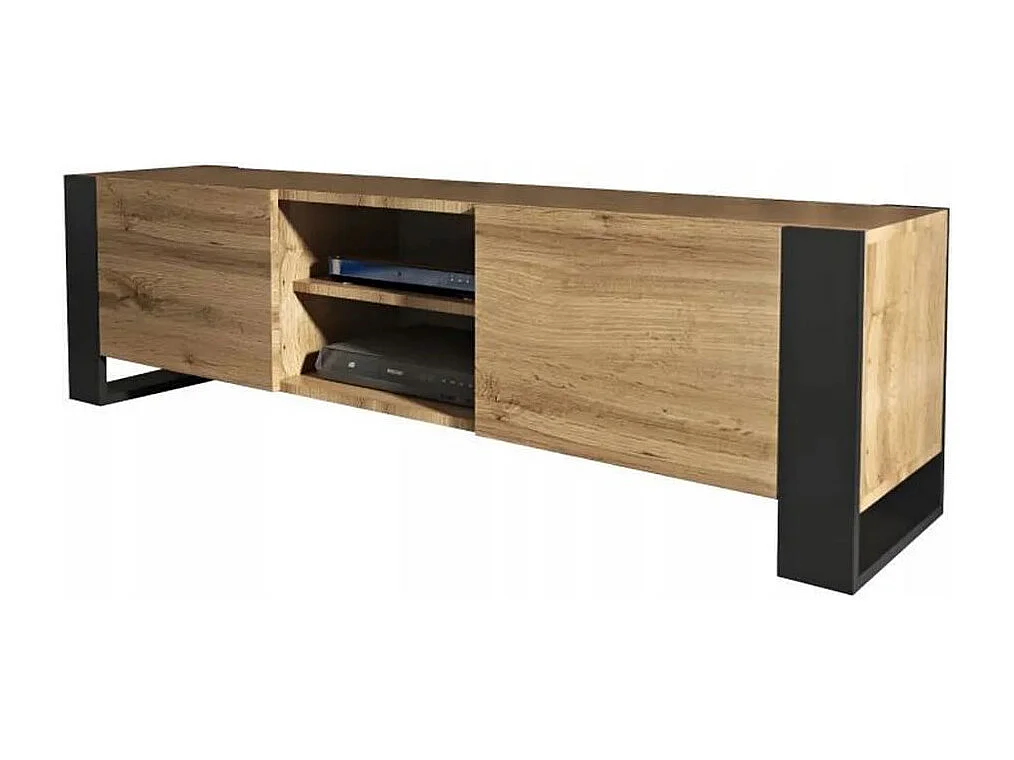 Meuble TV 160 cm Lovy chêne avec pieds noir - style industriel