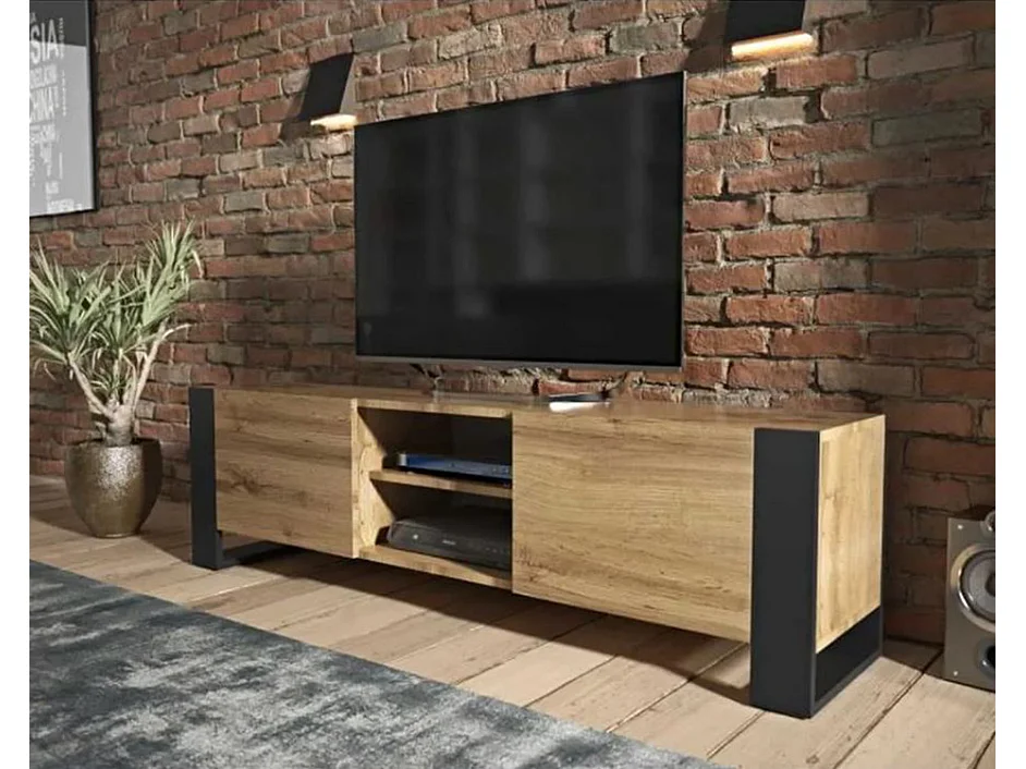 Meuble TV 160 cm Lovy chêne avec pieds noir - style industriel