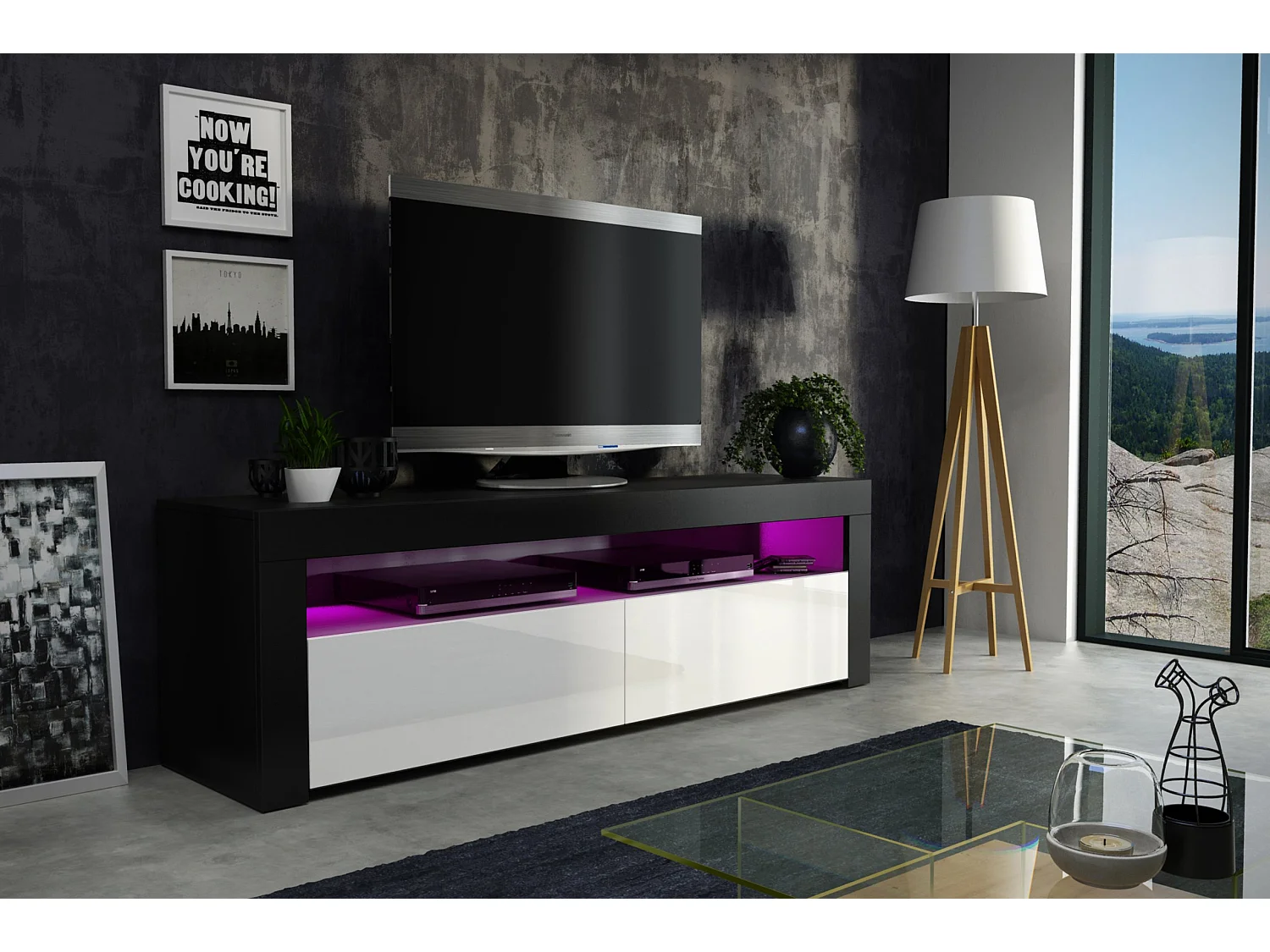 Meuble TV Savelli LED Noir MAT et portes en Blanc laqué 157 cm