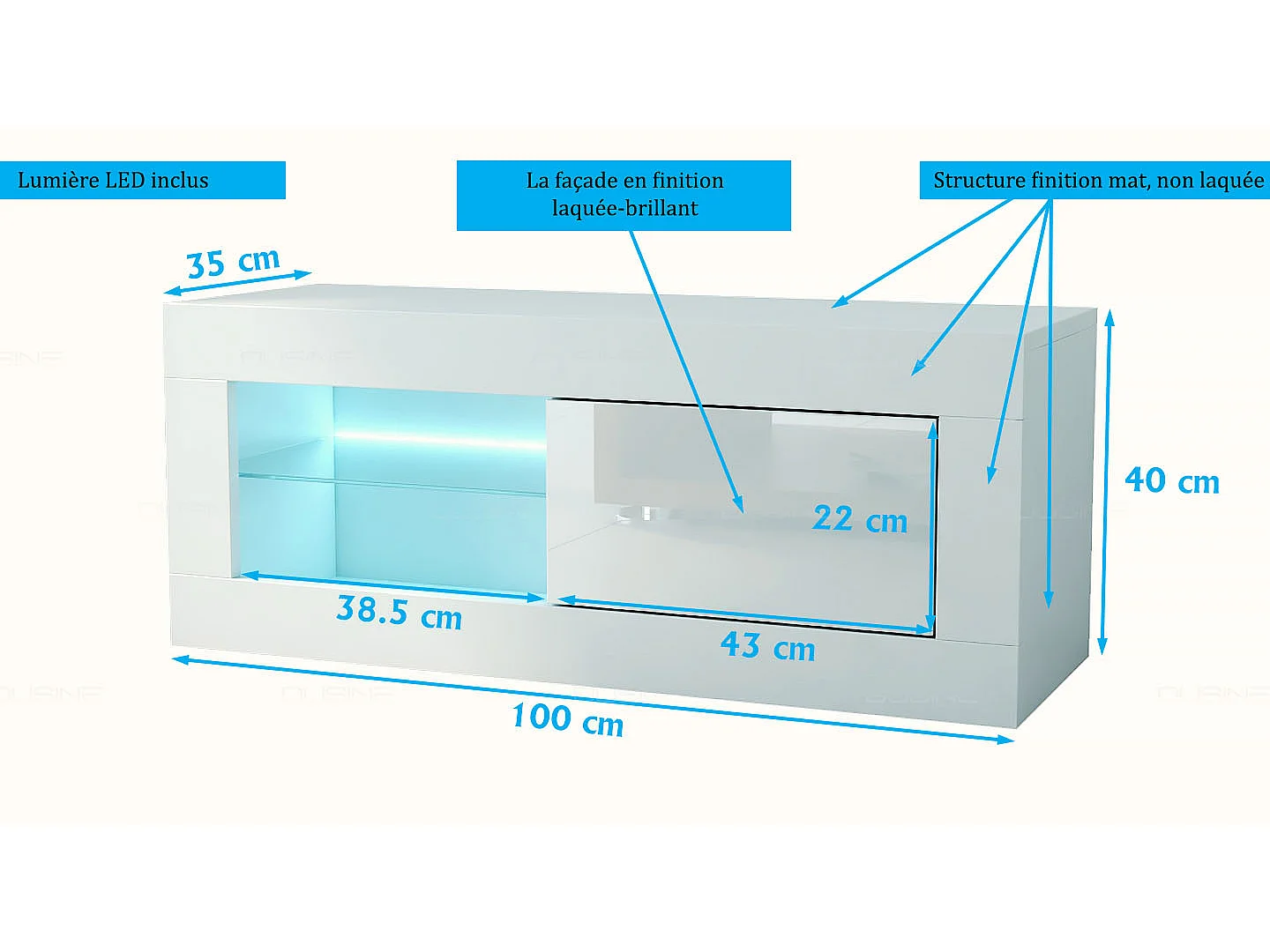 Petit meuble TV Iconik avec LED 100 CM en 18 MM avec porte laquée