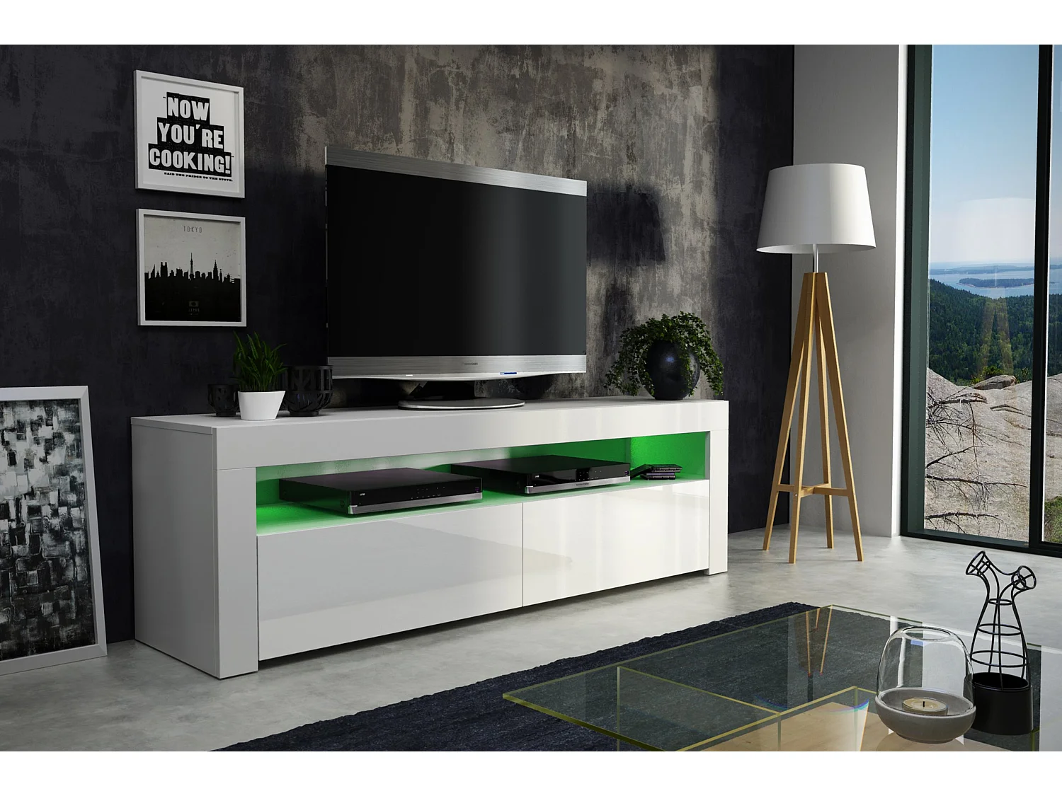 Meuble TV Savelli LED Blanc MAT et portes en Blanc laqué 157 cm