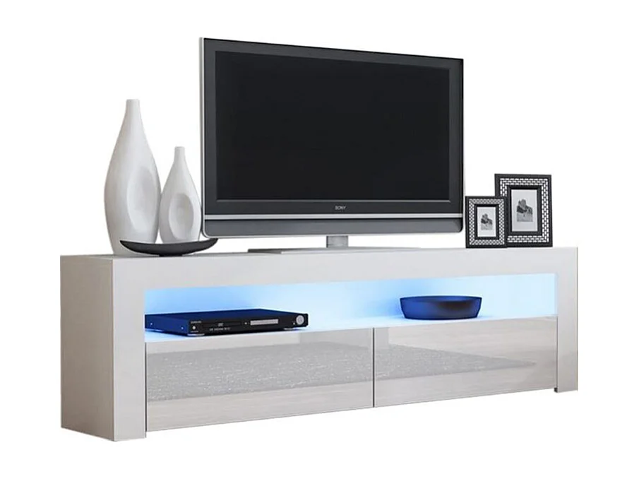 Meuble TV Savelli LED Blanc MAT et portes en Blanc laqué 157 cm