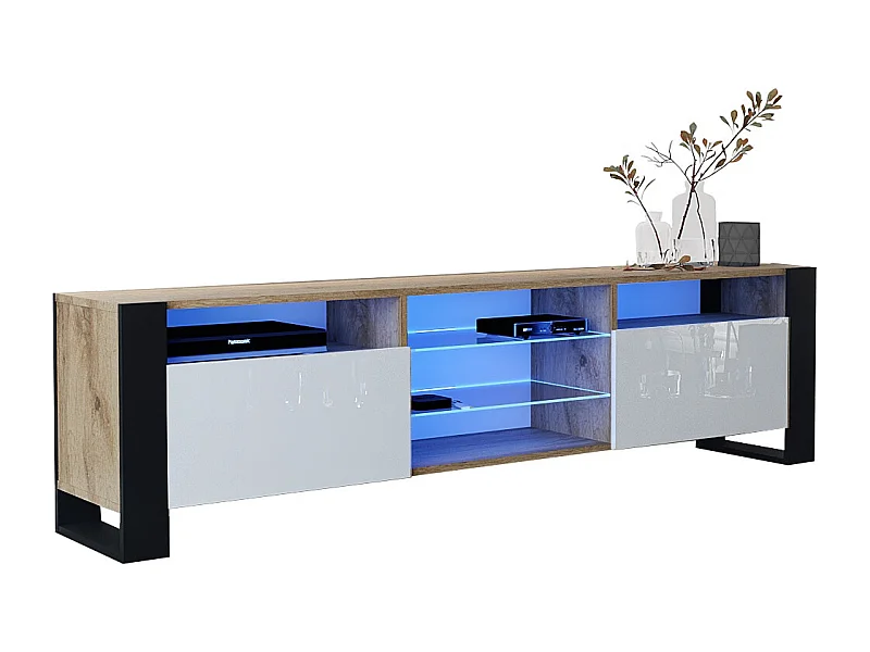 MEUBLE TV 200 CM LOVY LED CHENE MAT ET BLANC LAQUE - STYLE INDUSTRIEL