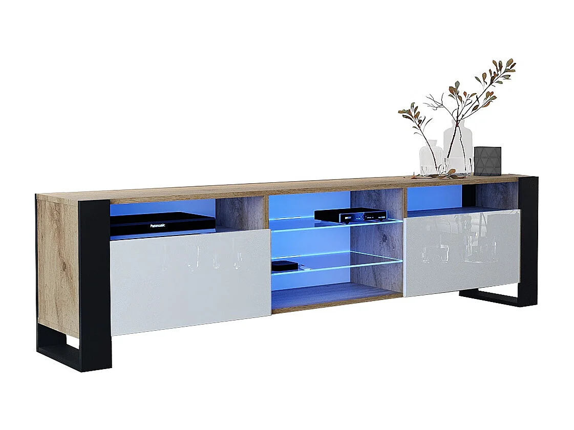 MEUBLE TV 200 CM LOVY LED CHENE MAT ET BLANC LAQUE - STYLE INDUSTRIEL