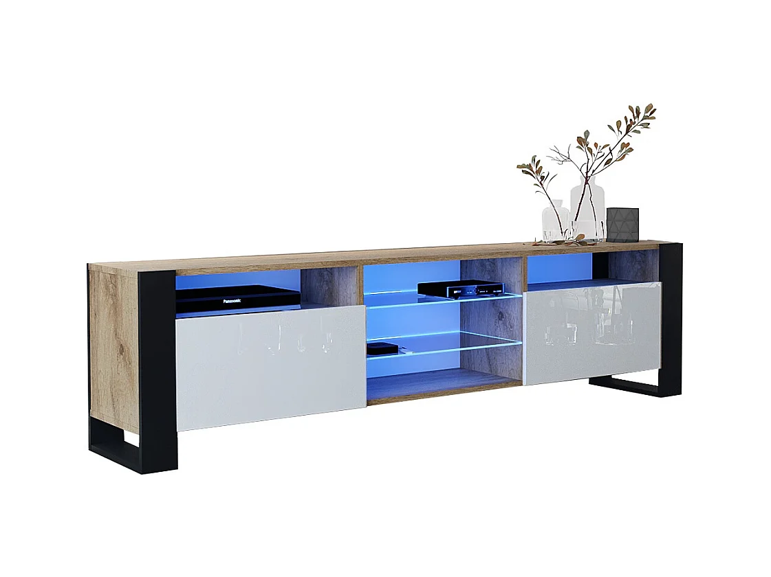 MEUBLE TV 200 CM LOVY LED CHENE MAT ET BLANC LAQUE - STYLE INDUSTRIEL