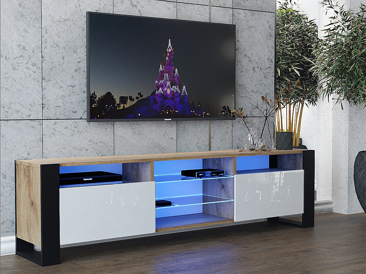 MEUBLE TV 200 CM LOVY LED CHENE MAT ET BLANC LAQUE - STYLE INDUSTRIEL