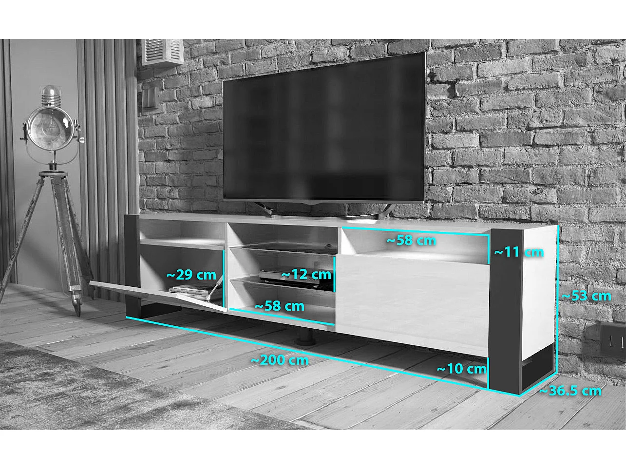 MEUBLE TV 200 CM LOVY LED CHENE MAT ET BLANC LAQUE - STYLE INDUSTRIEL