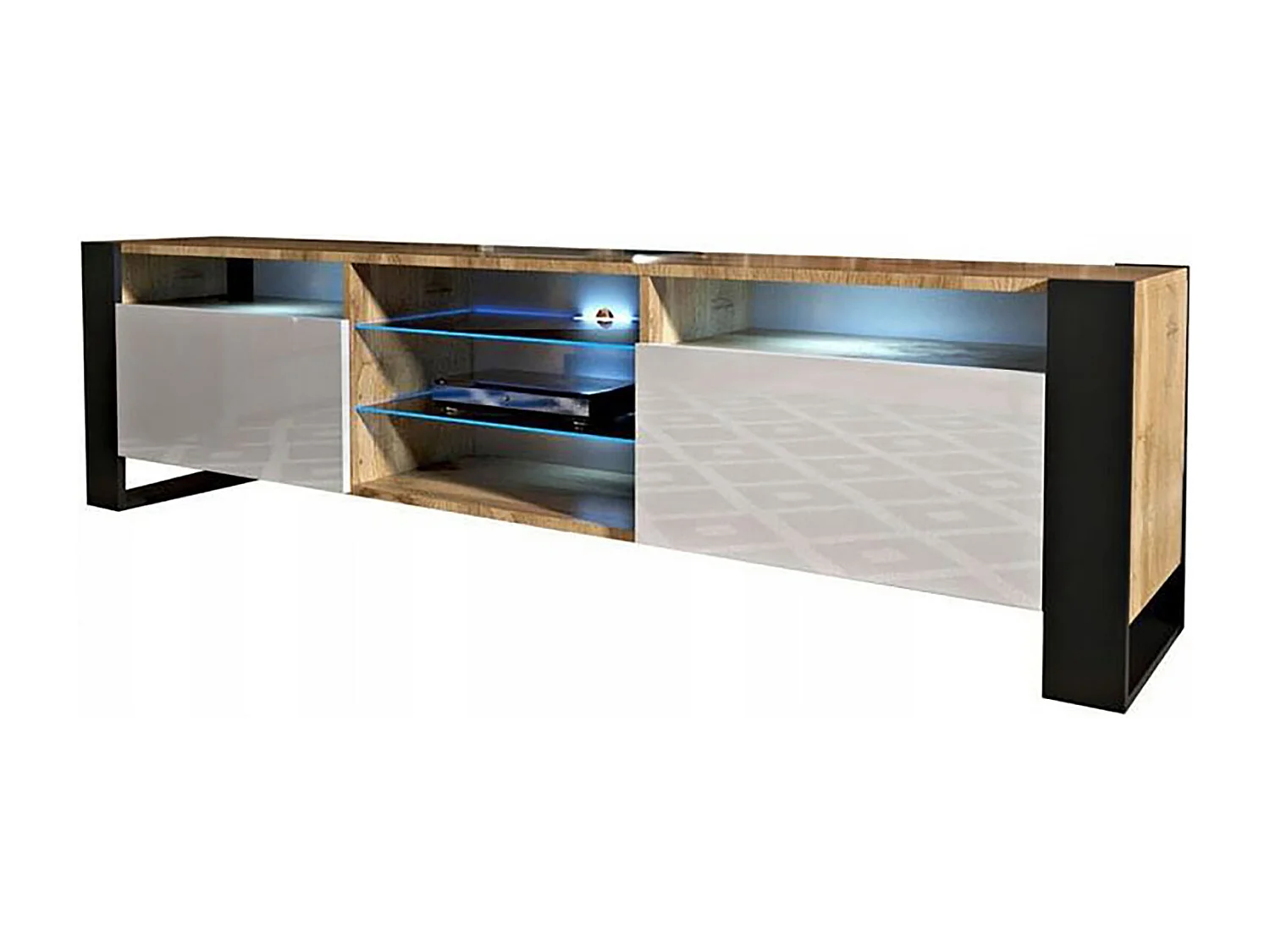 MEUBLE TV 200 CM LOVY LED CHENE MAT ET BLANC LAQUE - STYLE INDUSTRIEL