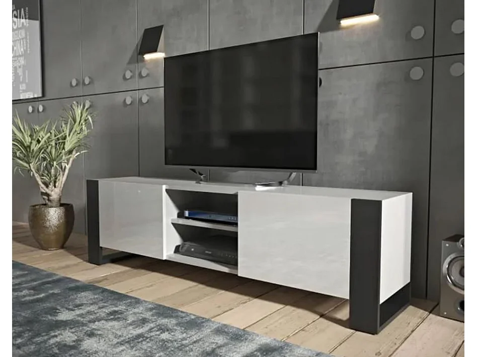 MEUBLE TV 160 CM LOVY BLANC MAT ET LAQUE - STYLE INDUSTRIEL