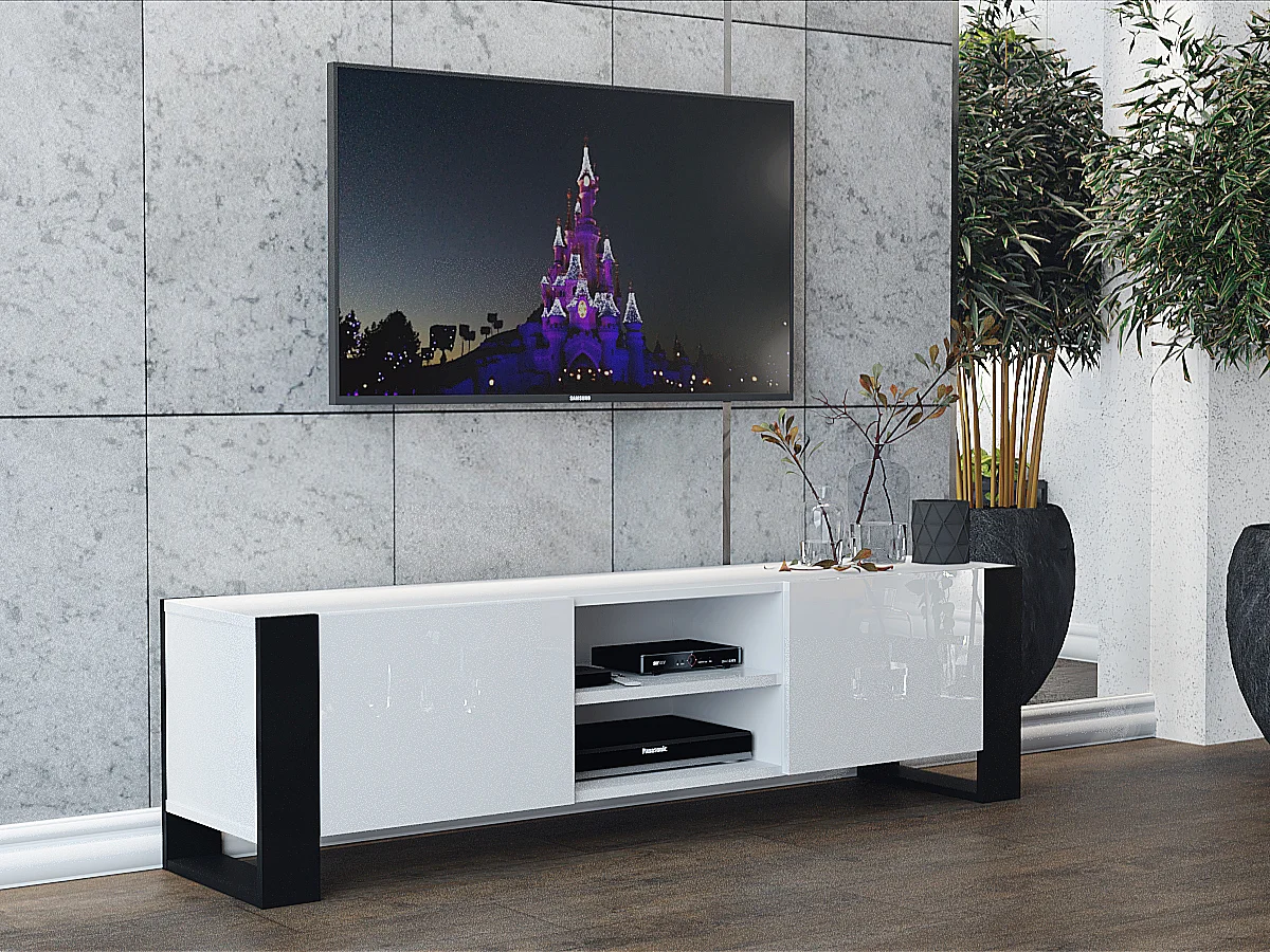 MEUBLE TV 160 CM LOVY BLANC MAT ET LAQUE - STYLE INDUSTRIEL