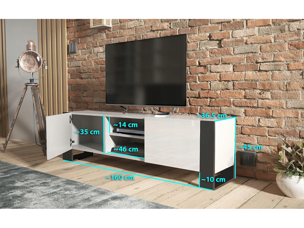 MEUBLE TV 160 CM LOVY BLANC MAT ET LAQUE - STYLE INDUSTRIEL