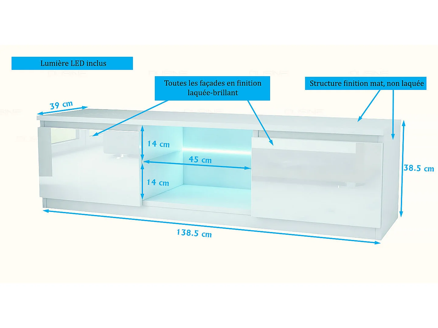 Meuble TV Kiffa LED 140 CM en 18 MM avec portes laquées