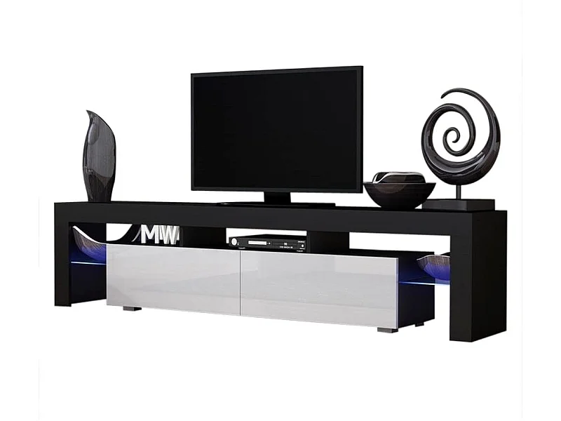 Meuble TV SPIDER BIG A LED en Noir MAT avec portes Blanc Laqué 200 cm