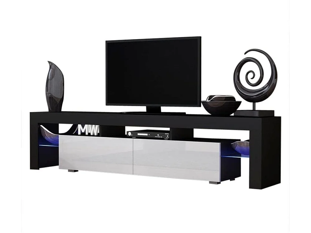 Meuble TV SPIDER BIG A LED en Noir MAT avec portes Blanc Laqué 200 cm