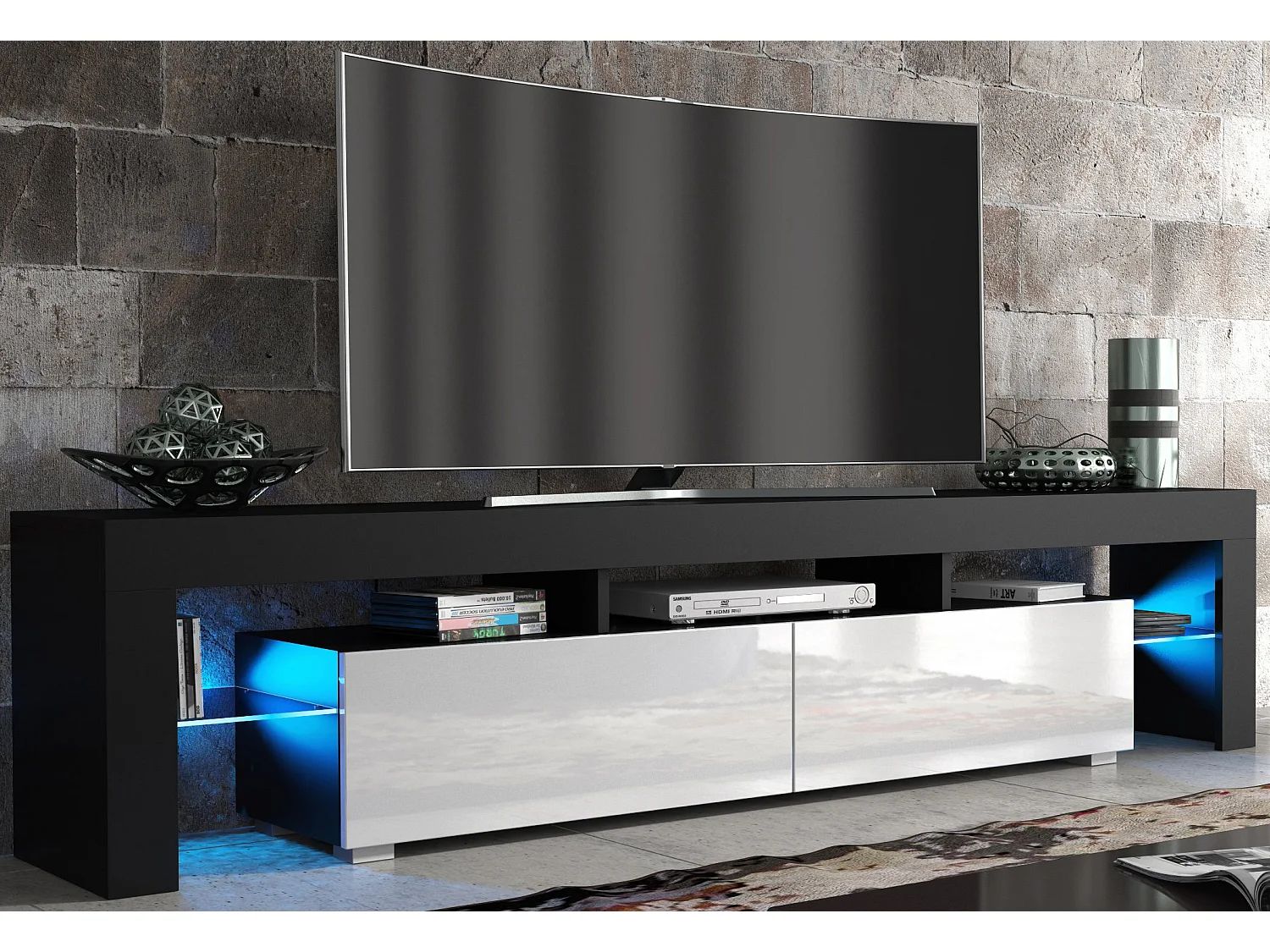Meuble TV SPIDER BIG A LED en Noir MAT avec portes Blanc Laqué 200 cm