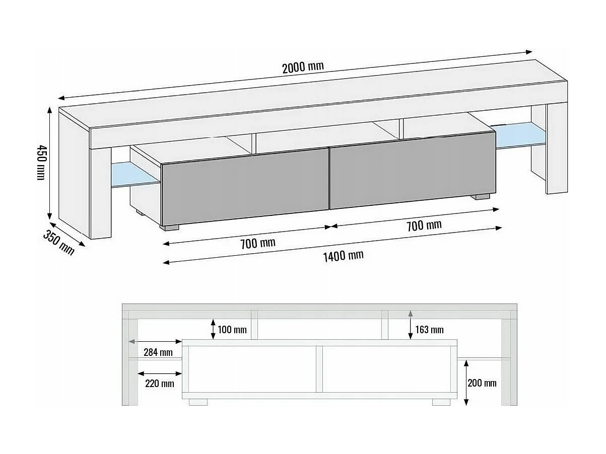 Meuble TV SPIDER BIG A LED en Noir MAT avec portes Noir Laqué 200 cm
