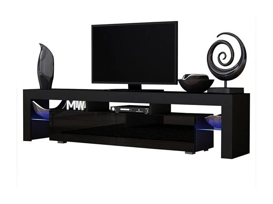 Meuble TV SPIDER BIG A LED en Noir MAT avec portes Noir Laqué 200 cm