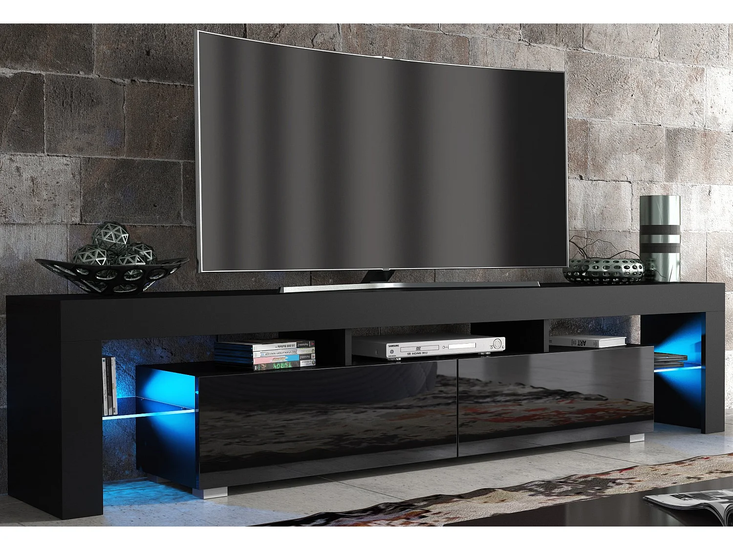 Meuble TV SPIDER BIG A LED en Noir MAT avec portes Noir Laqué 200 cm