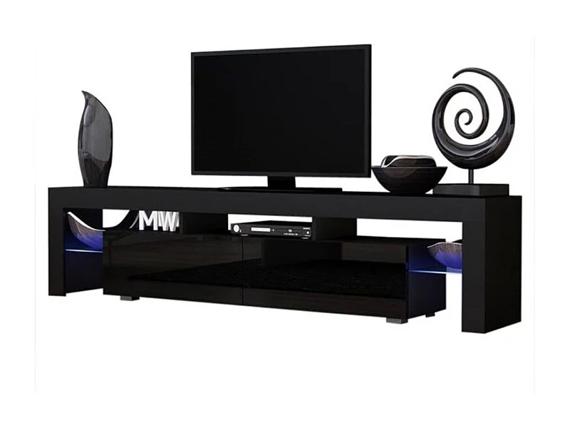 Meuble TV SPIDER BIG A LED en Noir MAT avec portes Noir Laqué 200 cm