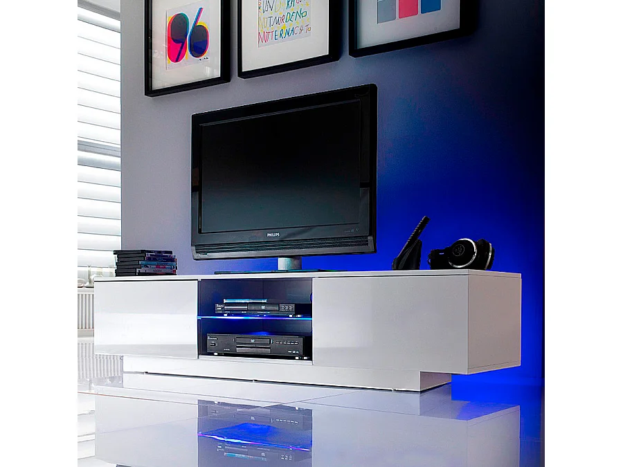 Meuble LED suspendu ou posé TV Giorgio Blanc mat et Blanc Laqué 160 cm