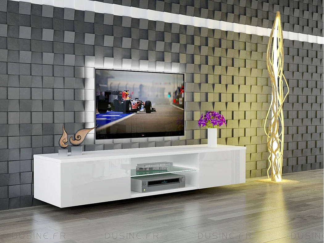 Meuble LED suspendu ou posé TV Giorgio Blanc mat et Blanc Laqué 160 cm