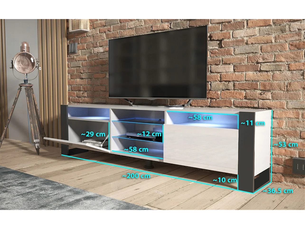 MEUBLE TV 200 CM LOVY LED BLANC MAT ET BLANC LAQUE - STYLE INDUSTRIEL