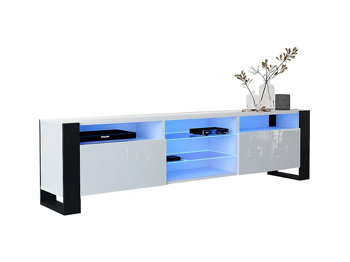MEUBLE TV 200 CM LOVY LED BLANC MAT ET BLANC LAQUE - STYLE INDUSTRIEL
