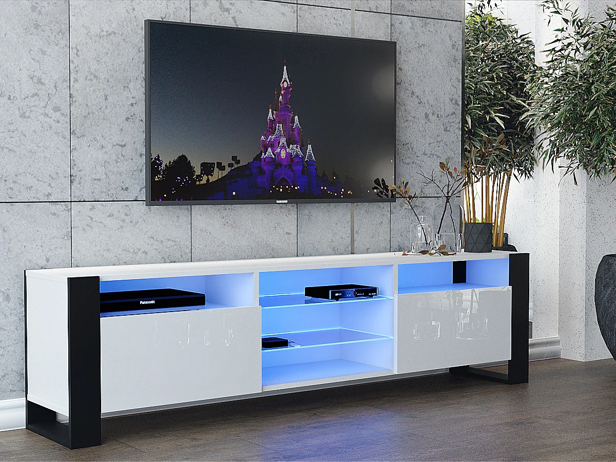 MEUBLE TV 200 CM LOVY LED BLANC MAT ET BLANC LAQUE - STYLE INDUSTRIEL