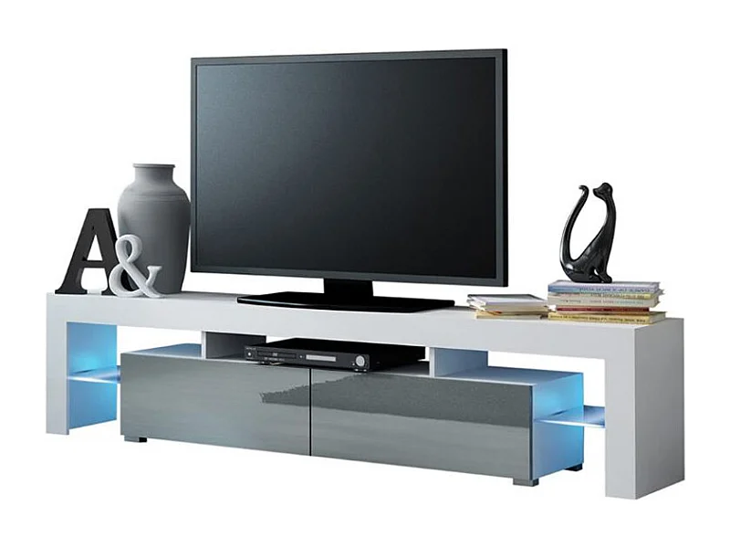 Meuble TV SPIDER BIG A LED en Blanc MAT avec portes Gris Laqué 200 cm