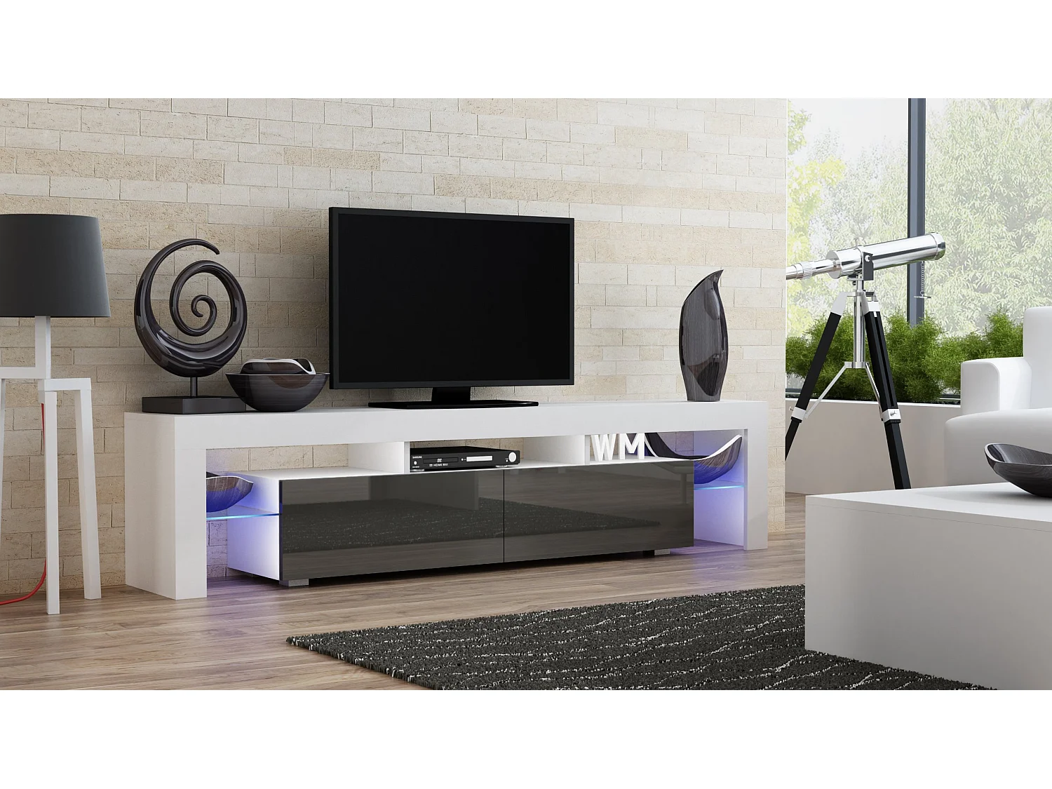 Meuble TV SPIDER BIG A LED en Blanc MAT avec portes Gris Laqué 200 cm