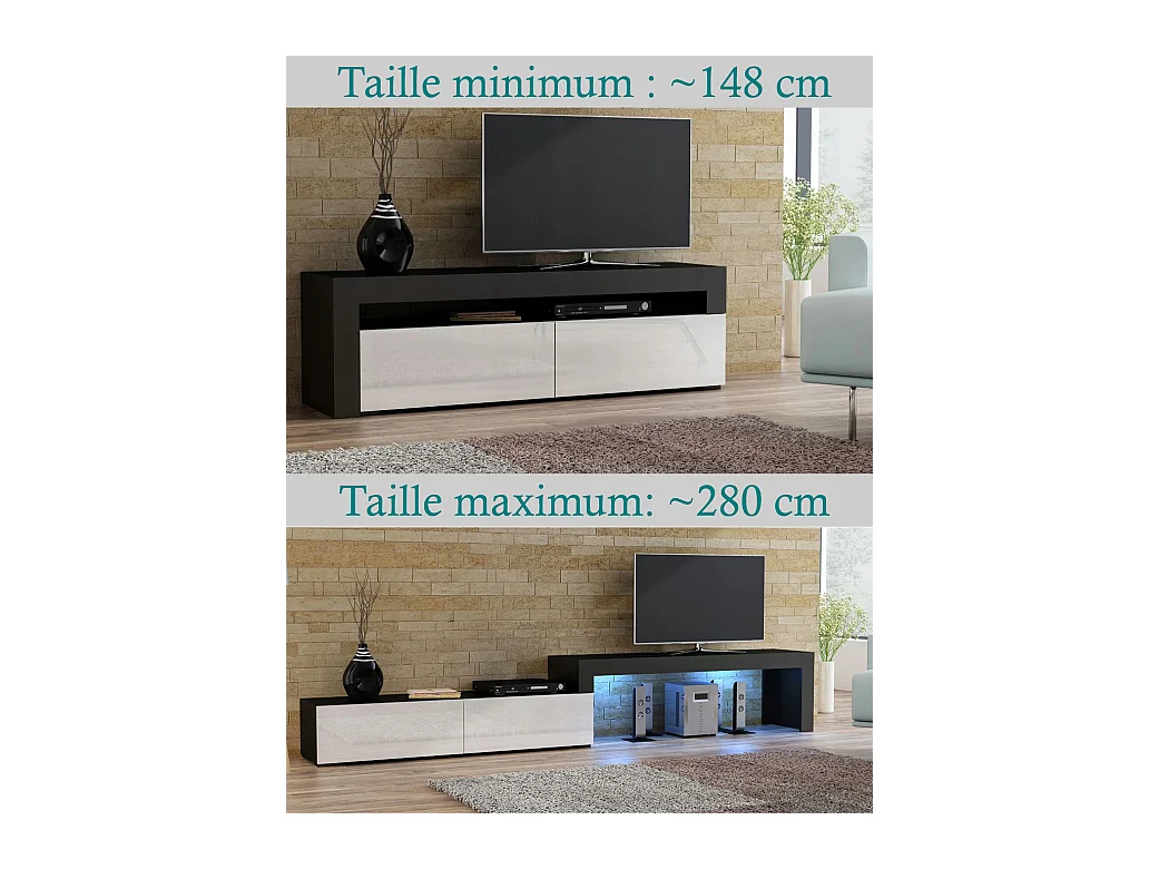 Meuble TV Flex Blanc M et Blanc laqué - LED Inclus - EXTENSIBLE - ANGLE