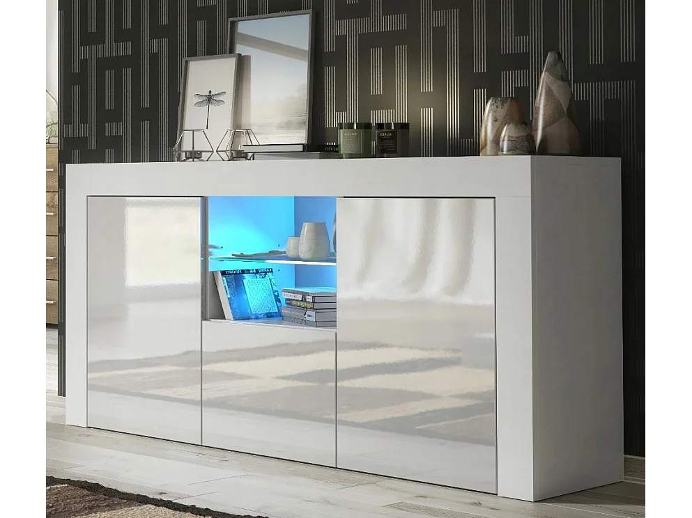 Meuble TV haut BIG JIVE 145 cm blanc laqué avec LEDS