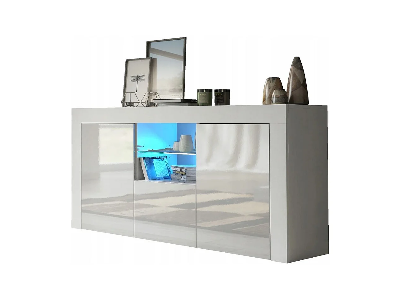 Meuble TV haut BIG JIVE 145 cm blanc laqué avec LEDS